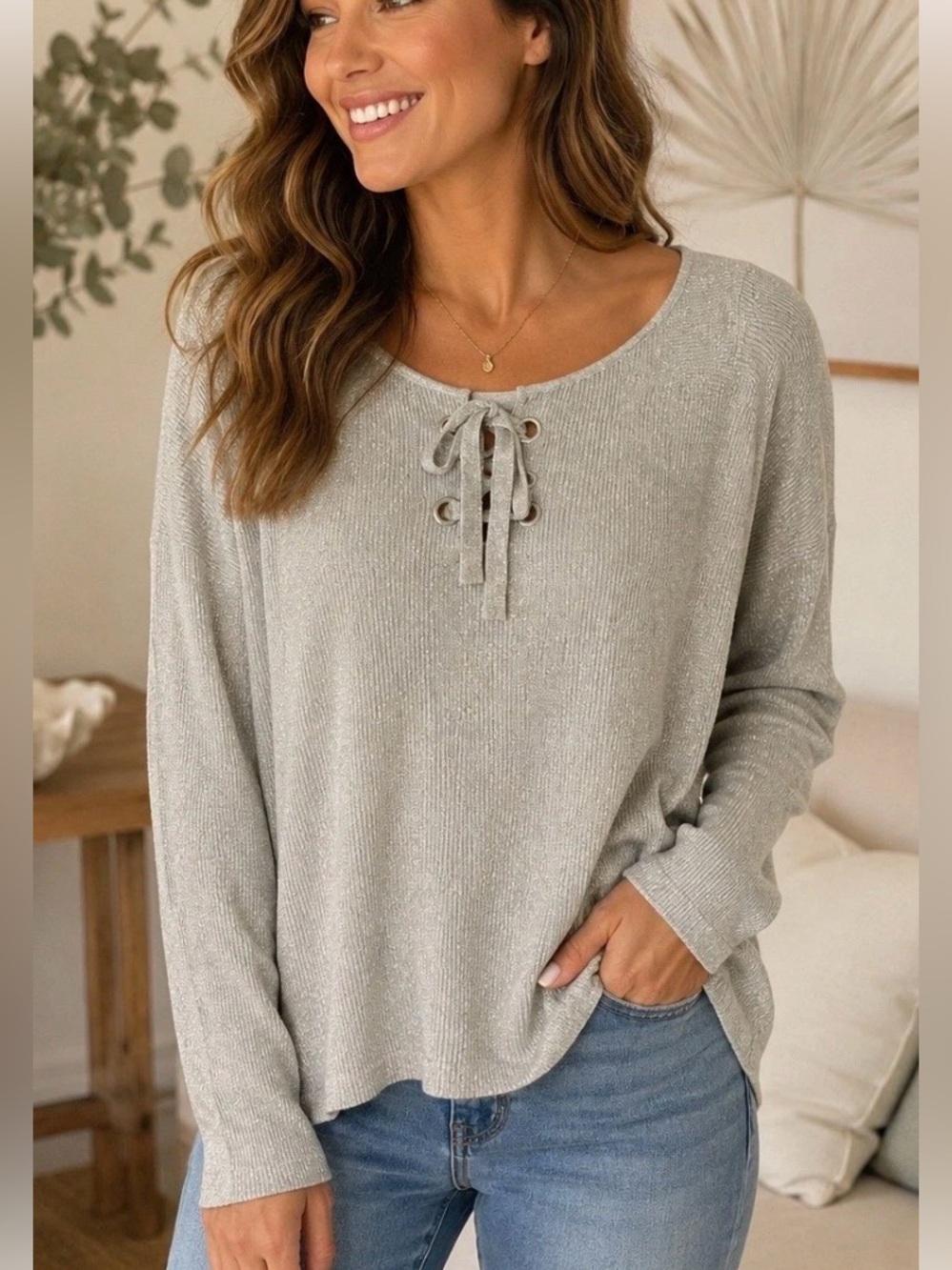 Tommy Bahama Light Gray/Silver Metallic Thread Tie Front Women's Pullover Sz M